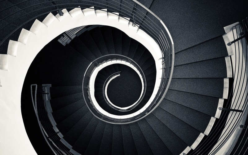 steel, shape, diminishing perspective, black, indoors, spiral, design, railing, directly below, architecture, stairs, no people, white, day, directly above