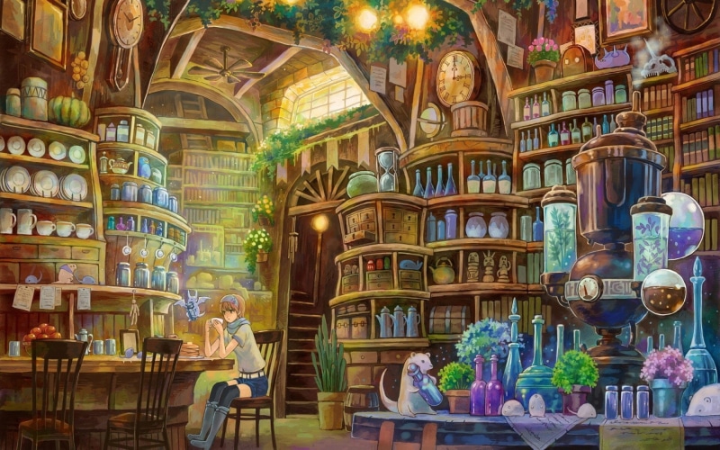 Lights, Girls, art, Shelves, Stairways, Plates, Chairs, Arches, Jars, anime, Clocks, 1080P, cups, design, bottles, fantasy, interior, artwork, Potion
