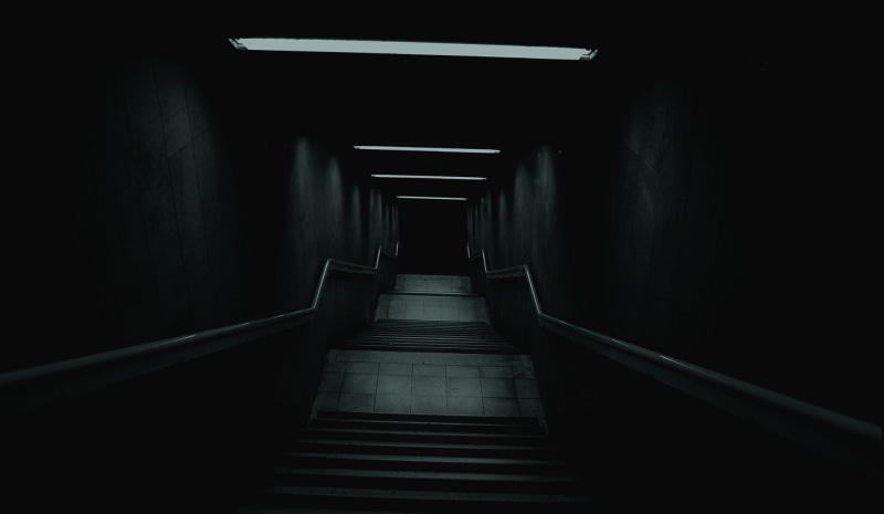 dark, stairways of hallway, lighting equipment, light at the end of the tunnel, fear, empty, diminishing perspective, tunnel, the way forward, horror, built structure
