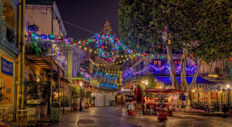 multicolored, New Orleans Square, Disney, Christmas, celebration, christmas decoration, holiday, plant, tree, outdoors, street, christmas lights, city
