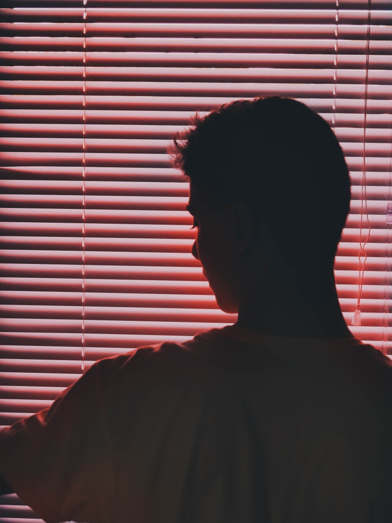 women, white, profile view, face, indoors, slat, neon, window, headshot, 4K, pink, profile, light, dark, blinds, person, silhouette, neck, young adult