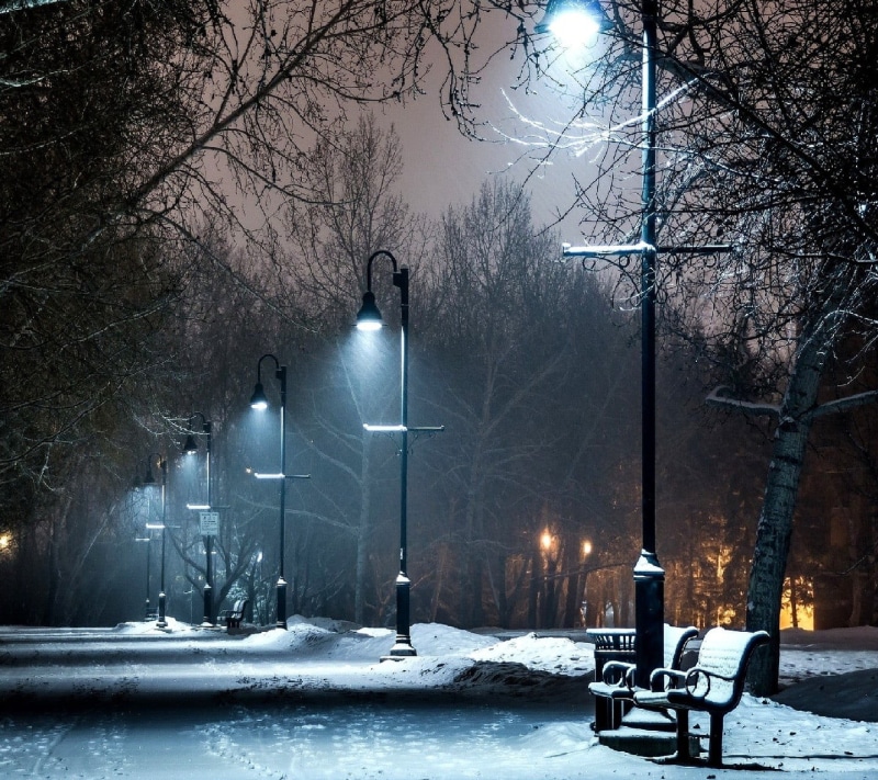 tree, lantern, 720P, concrete, plant, car, night, illuminated, no people, city, road, building, extreme weather, black, snow, transportation, street light