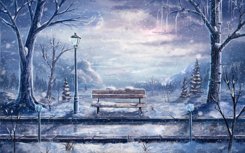 Winter, Painting, Snow, Trees, Art, Bench, 1080P, Lantern