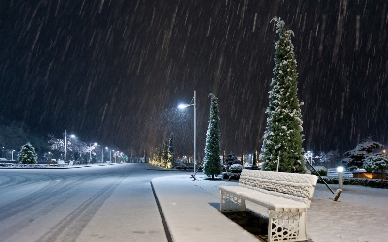 bench, wooden, street, white, nature, winter, 2K, snow, hd, night