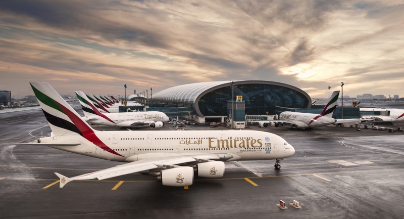 leaving, The sky, Airplane, mode of transportation, Sunrise, Dubai, editorial, air, The plane, white, transportation, Airport, business Travel, sunset