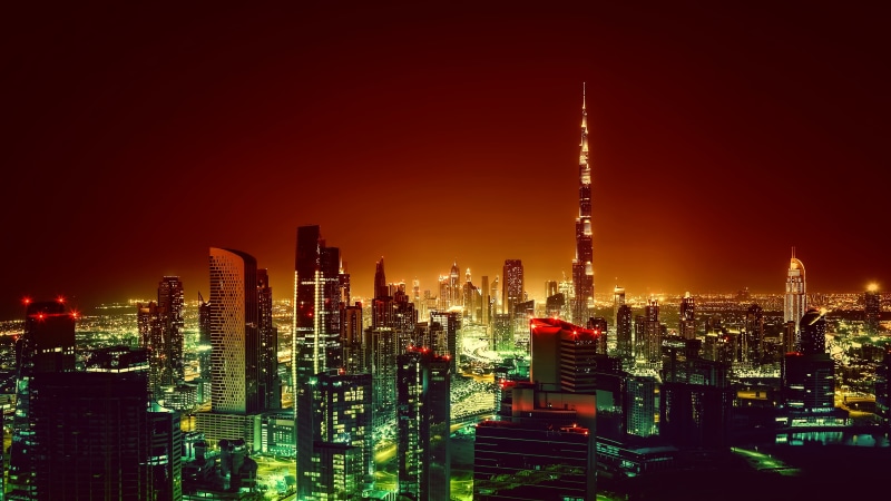 lights, built structure, night, residential district, blocks, urban skyline, spire, office building exterior, illuminated, photography, tower, Dubai, financial district