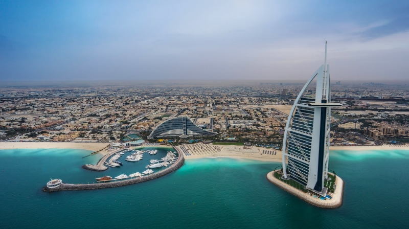 Borg El Arab, Bay, Dubai, UAE, sea, Burj Al Arab, hotels, Jumeirah Beach Hotel, The Persian Gulf, building, 4K, beach, Persian Golf, panorama, coast