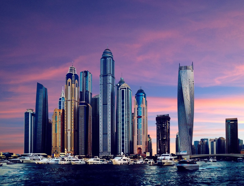 sky, building Exterior, financial district, united Arab Emirates, water, river, bay, boats, modern, sunset, city, tall - high, business, body, dubai, asia