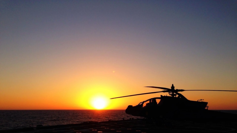 sea, aircraft, land, sky, mode of transportation, horizon, silhouette, water, ah-64d, ah64, outdoors, tranquil scene, apache, kuwait, nature, no people