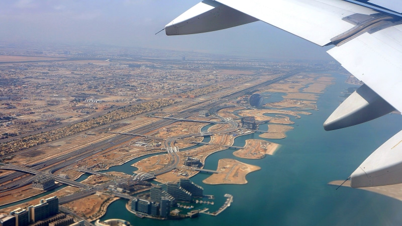 persian gulf, building exterior, 2K, commercial airplane, flight, airplane, quay, landscape, takeoff, aircraft, day, wing, motion, architecture, beach