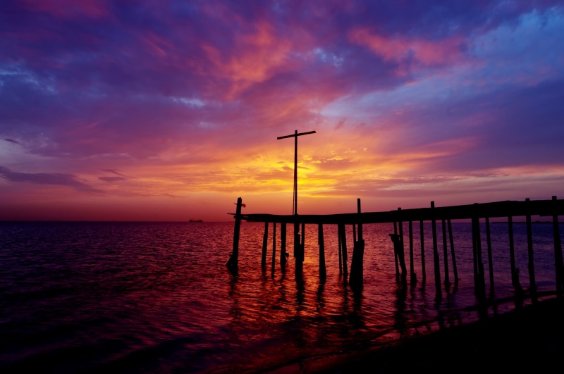 sunset, 1080P, The Persian Gulf, Bahrain, pierce, the evening, black, wooden, dock, shore