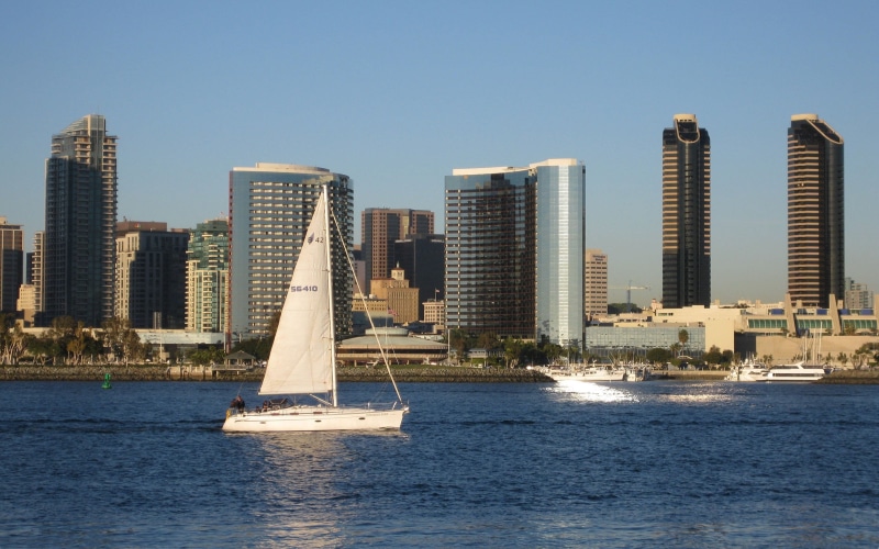 uSA, nautical Vessel, travel Destinations, tall - high, cityscape, office building exterior, harbor, san - diego, blue, 2K, beach, tower, coastline, modern