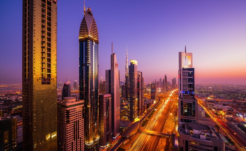 The motorway is named after Sheikh Zayed, office building exterior, landscape, downtown District, residential district, illuminated, development, lights