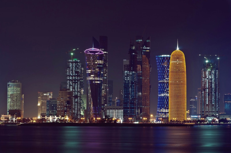 Doha, building Exterior, light - Natural Phenomenon, river, twilight, asia, waterfront, financial District, architecture, tall - High, tower, outdoors