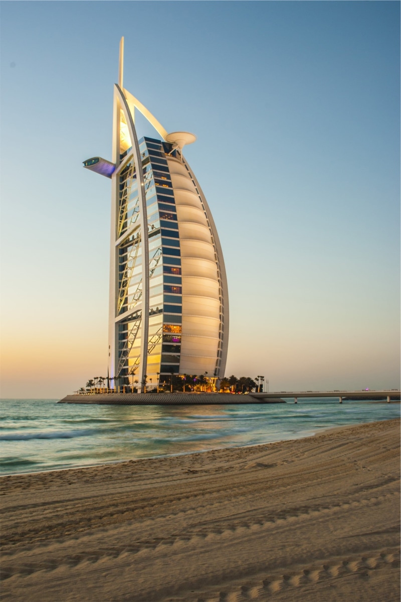 burj al arab, clear sky, beach, luxury, burj, hotel, al, saudi, copy space, building exterior, no people, scenics - nature, travel, water, horizon, land