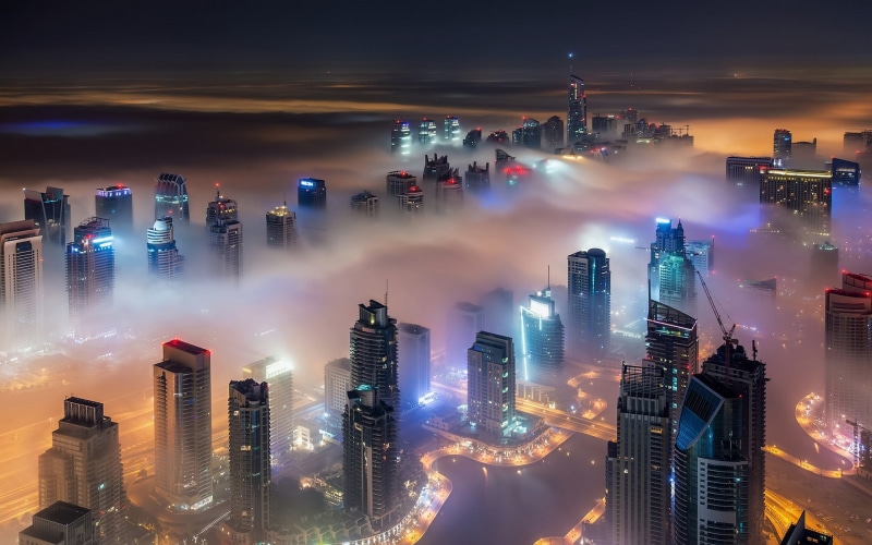 skyscraper, emirates, urban, united, dubai, building, mist, 1080P, lights, cityscape, modern, night, desert, architecture, arab