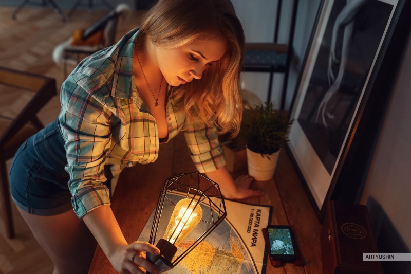 long hair, shirt, women, one person, blonde, short shorts, plaid shirt, face, technology, reading, sideboob, young women, cleavage, real people, map, holding