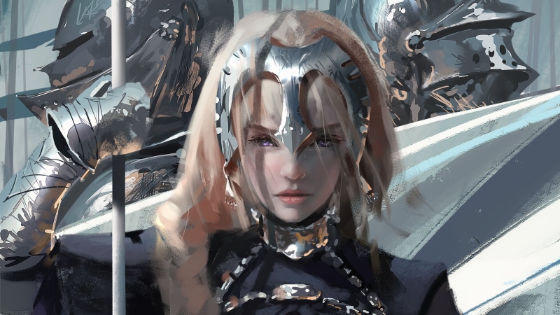 young adult, obscured face, Fate Series, motor vehicle, WLOP, one person, disguise, transportation, artwork, fantasy art, digital art, Jeanne dArc, portrait