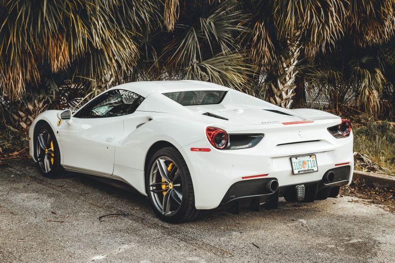 outdoors, white color, plant, stationary, motor vehicle, palm tree, wealth, tropical climate, 5K, day, land vehicle, sports car, white, tree, road, ferrari
