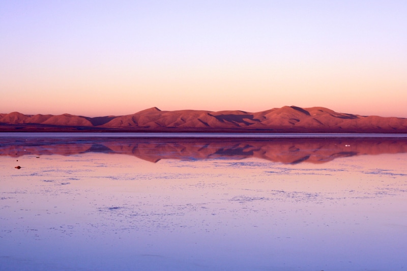 hills, sunset, land, reflection, clear sky, desert, salt, no people, idyllic, sea, non-urban scene, pink color, lagoon, water, salar de uyuni, uyuni, 4K