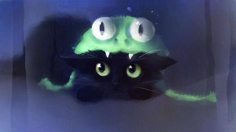 kitten, frog, cute, black, paws, cat, bubbles, 1080P, apofiss, animals, kitty