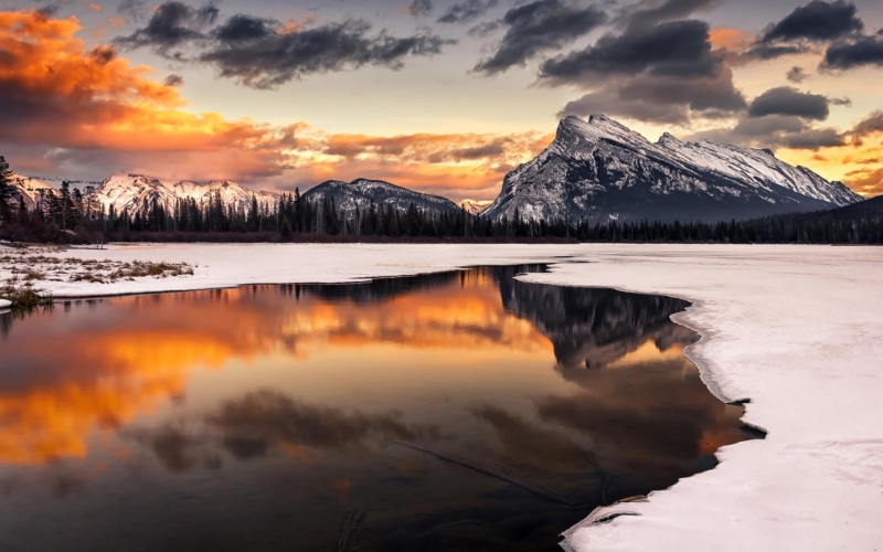 water, daytime, scenics - nature, no people, cold temperature, tranquility, snow, sunset, reflection, photo, snowcapped mountain, Mount Rundle, mountains