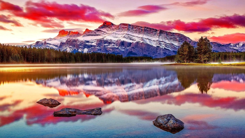 banff national park, alberta, calm, mountain range, nature, sunrise, tranquil scene, water, two jack lake, snowcapped mountain, reflection, mount scenery