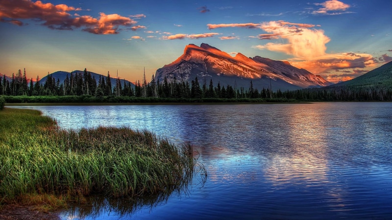 wilderness, dawn, morning, cloud, canada, 1080P, nature, national park, loch, sky, water, alberta, mountain, banff national park, lake, bank, mt. rundle