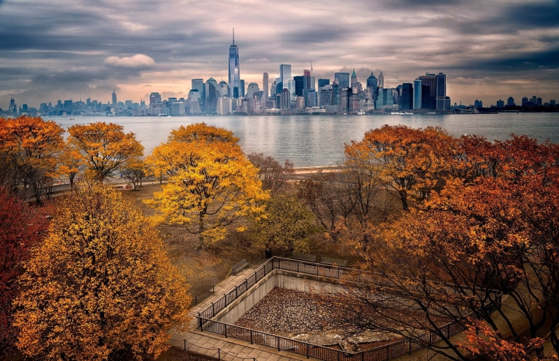 urban skyline, change, tower, built structure, fall, outdoors, orange, cityscape, Manhattan, plant, New York City, leafed, trees, orange color, architecture