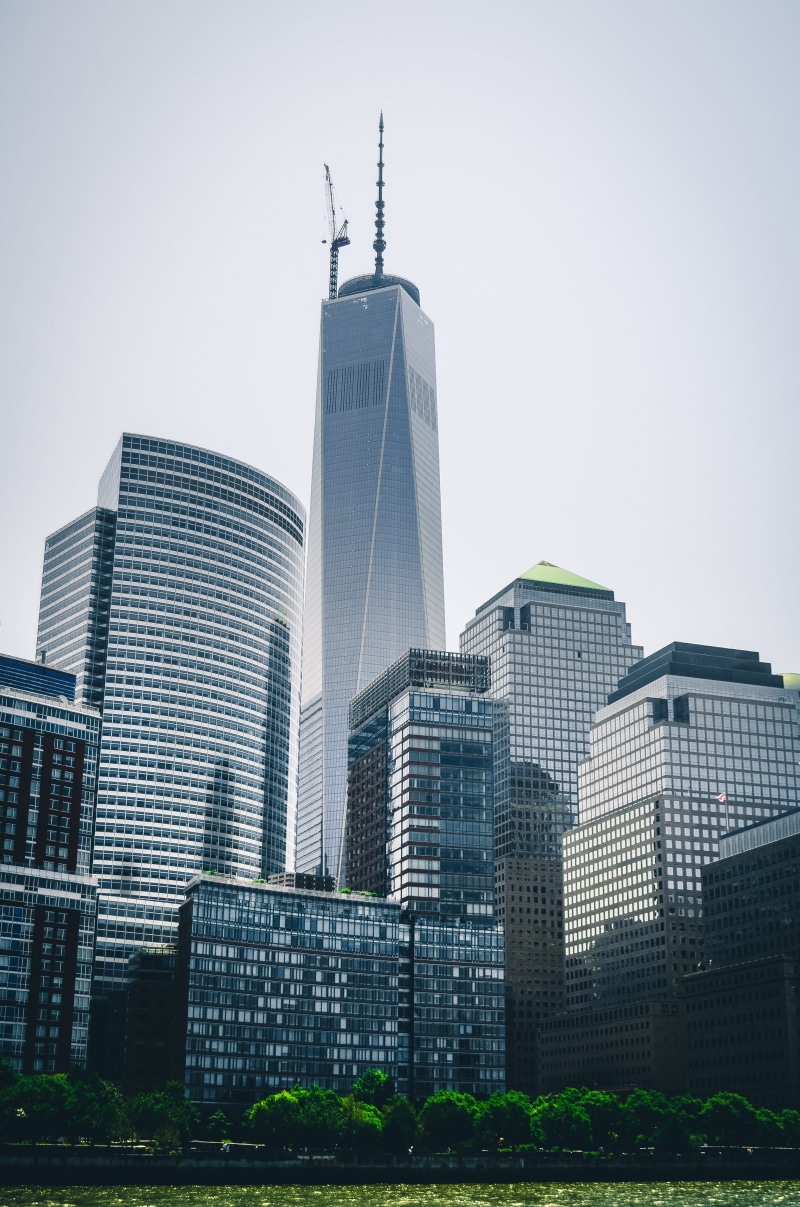 sky, architecture, 4K, skyline, cityscape, outdoors, glass, city, one world trade center, reflection, office building exterior, manhattan, landscape, no people