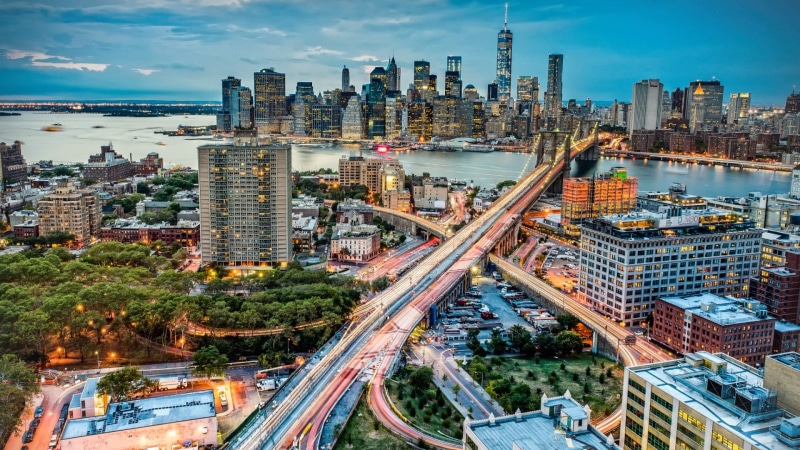 Manhattan, New York City, office building exterior, light trails, built structure, bridge, clouds, street, skyscraper, landscape, 1080P, modern, Brooklyn Bridge