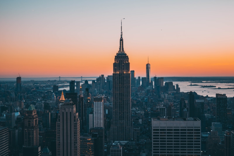 Empire State Building, 5K, sunset, scyscrapers, One World Trade Center, top of the rock, New York City, building, USA, Manhattan, cityscape, 30 Rockefeller Plaza