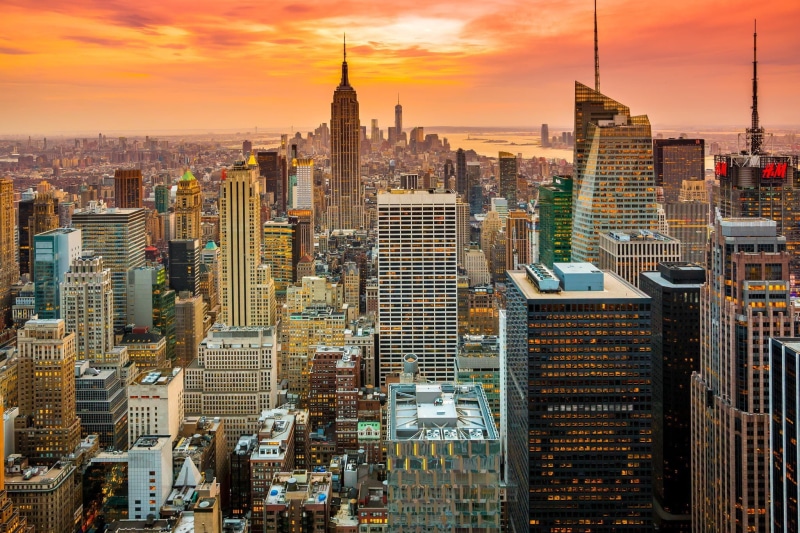 New York City, tall - high, sunset, crowded, office building exterior, skyscraper, Empire State Building, financial district, urban skyline, spire, One World Trade Center
