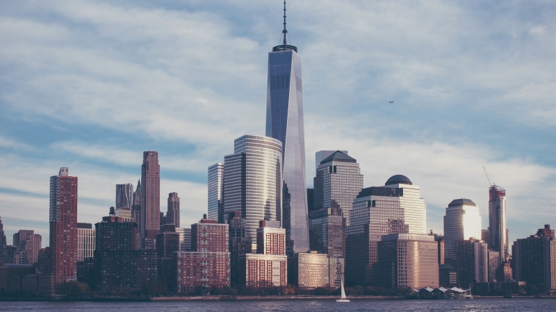 city, 4K, building, sea, skyscraper, reflection, clouds, USA, New York City, One World Trade Center, architecture, cityscape, Manhattan, yacht