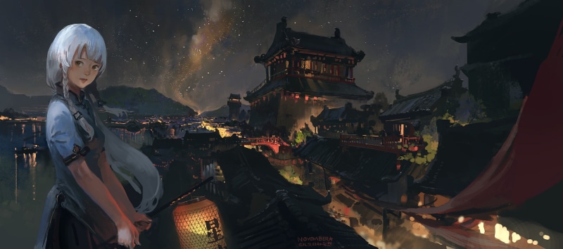 building exterior, woman, Vocaloid, anime girls, architecture, night, grey, haired, Xingchen, anime, Vocaloid China, religion, 1080P, people, sky, statue