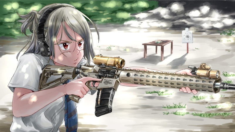 childhood, real people, long hair, portrait, holding, one person, anime, red eyes, weapon, three quarter length, 720P, nature, gun, representation, standing