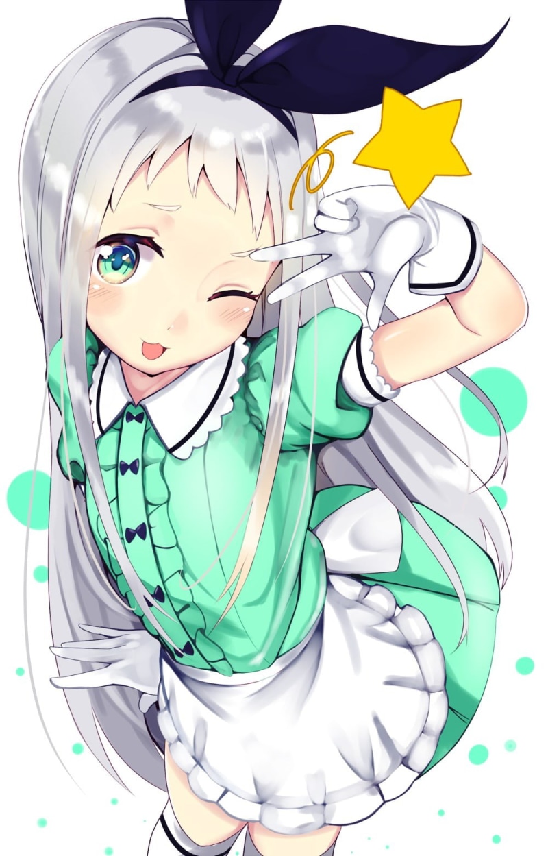 anime boys, portrait, happiness, woman, clothing, females, BLEND-S, women, close-up, 720P, green, dress, emotion, child, cute, white, indoors, performance