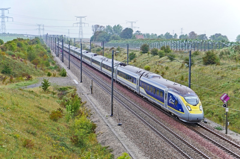 connection, travel, railroad track, plant, electric locomotive, road, train, siemens, london - paris, at calais, nature, france, eurostarzug, english channel