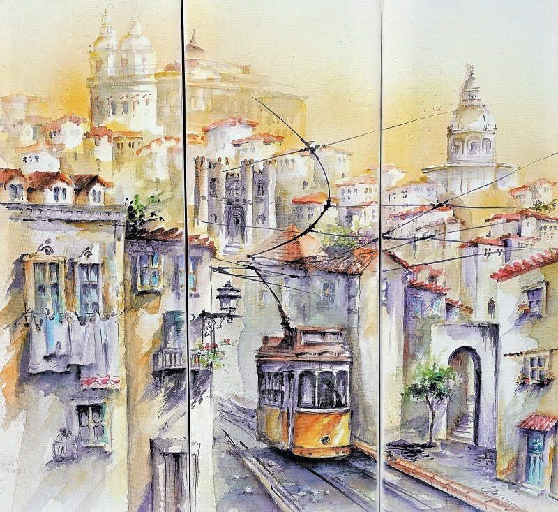 architecture, wall - building feature, scene, traditional, building, painting, day, graffiti, 2K, built structure, dirty, city, tram, lisbon, view, travel