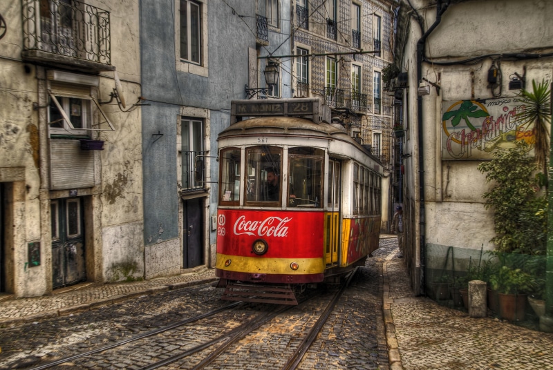 city, track, tram, Portugal, 5K, building, Coca-Cola, Lisbon