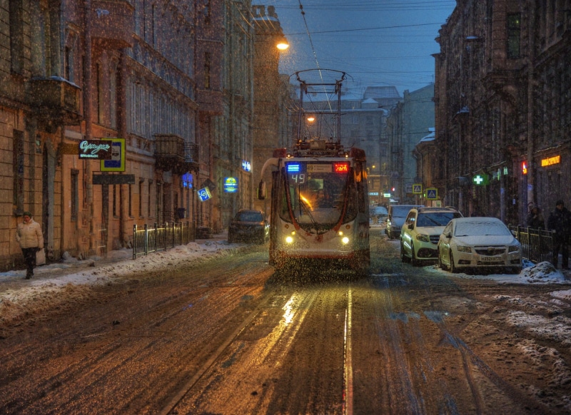 vehicle, 1080P, cityscape, winter, street, tram, St. Petersburg