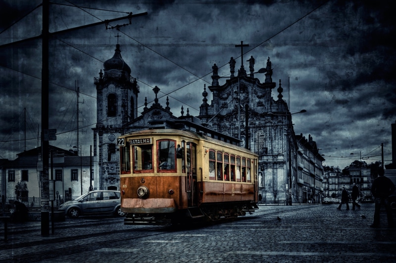 digital art, city, tram, cityscape, vehicle, 2K, HDR
