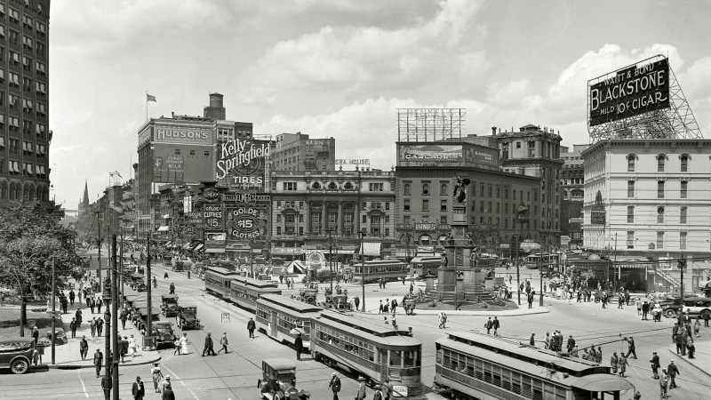 city, crowd, incidental people, vintage, USA, street, cityscape, mode of transportation, rise, Detroit, high angle view, cloud - sky, building, nature