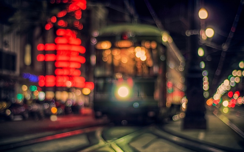 bokeh, night, city, 1080P, city lights, tram