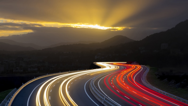 sky, line, highway, long exposure photography, dusk, sunset, 4K, light trails, light, road, infrastructure, sunlight, evening, long exposure, horizon