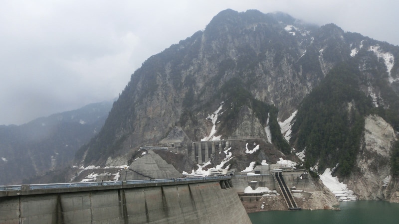 mountains, sky, forest, mountain, scenics - nature, snow, travel, transportation, mountain range, Japan, Kurobe Dam, built structure, nature, gray, connection