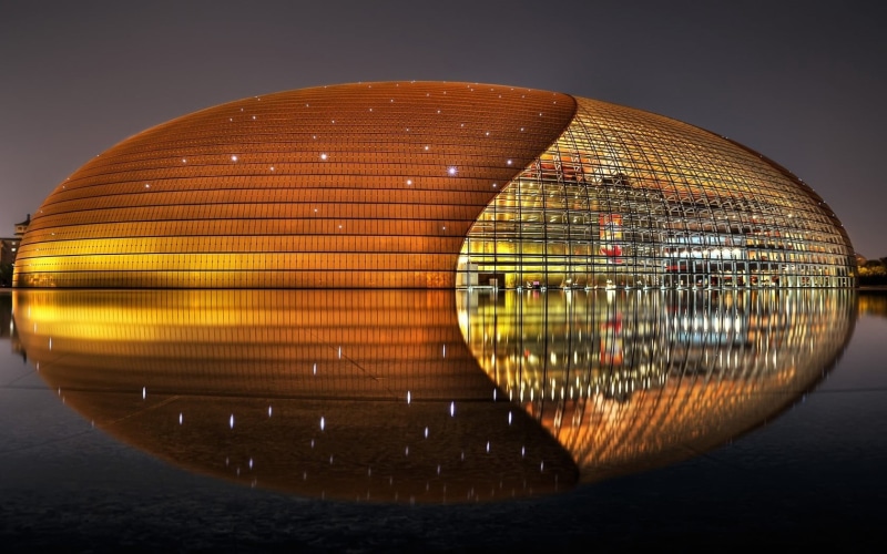 circle, decoration, illuminated, national center for the performing arts, china, ornate, reflection, city, modern, celebration, yellow, water, disco, blue