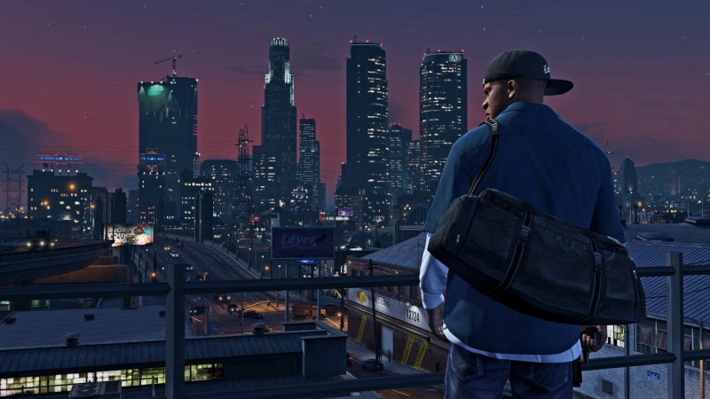 rear view, architecture, 1080P, modern, men, looking at view, night, city, built structure, building, skyscraper, outdoors, Grand Theft Auto, cityscape