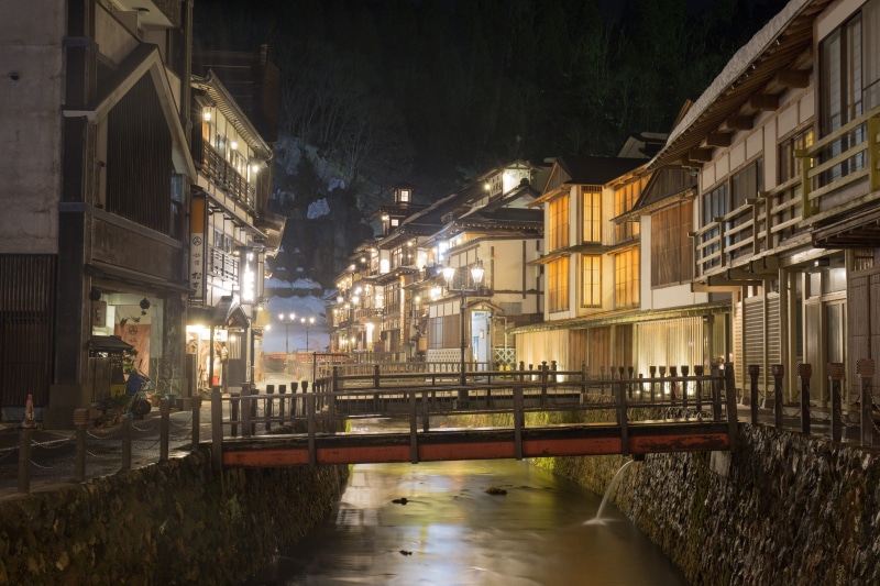 showa, inn, snow, illuminated, 5K, bridge, city, building exterior, yamagata, old, no people, nature, silver mine, blurred motion, street, street light