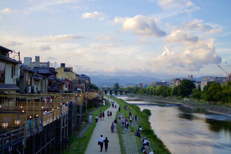 people, group of people, architecture, kyoto, kamo river, transportation, 5K, plant, japan, shijo, canal, built structure, water, nature, building exterior